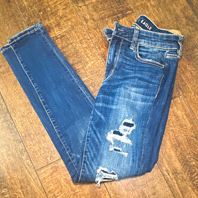 American Eagle Women s Dark Wash Blue Denim Jegging Jeans Slim Fit Distressed