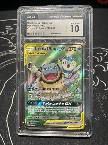 Pokemon Cosmic Eclipse Blastoise & Piplup Gx 215 CGC 10 Gem Mint Full Art