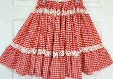 Vtg 70s Handmade Western Square Dance Red Gingham Lace Trim Full Skirt O/S