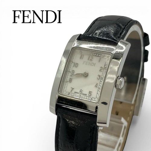 FENDI 7000L Square Quartz Leather Watch Silver