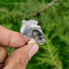 Halloween Sale Black Rutilated Quartz Stone 925 Sterling Silver Statement Ring
