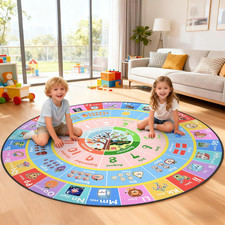 ABC round Kids Rug for Playroom,4Ft Alphabet Small Classroom Rug,Educational Kid