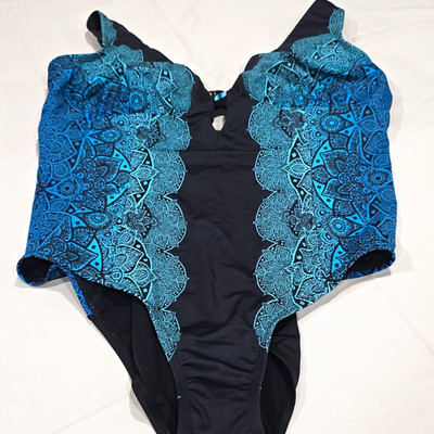 Swimsuits For All Plus Size 20 Black/Blue Geometric Adjustable Strap One-Piece