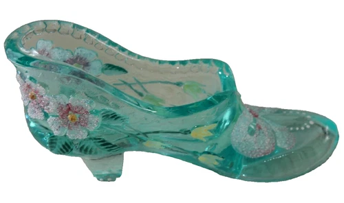FENTON GLASS Aquamarine Blue Flower &  Bow Slipper Shoe Signed J. Peyton