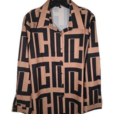  Womens Geometric Print Button Down Blouse Tan Black Long Sleeve Size L