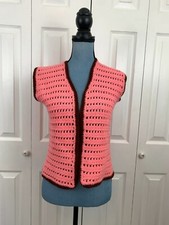 Vintage 1970's Handmade Crochet Sweater Vest Pink Brown Hippie Cottagecore 34" 