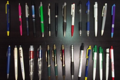 29 Various Pens Push BallPoint Pens most with advertisements. Most Need Ink
