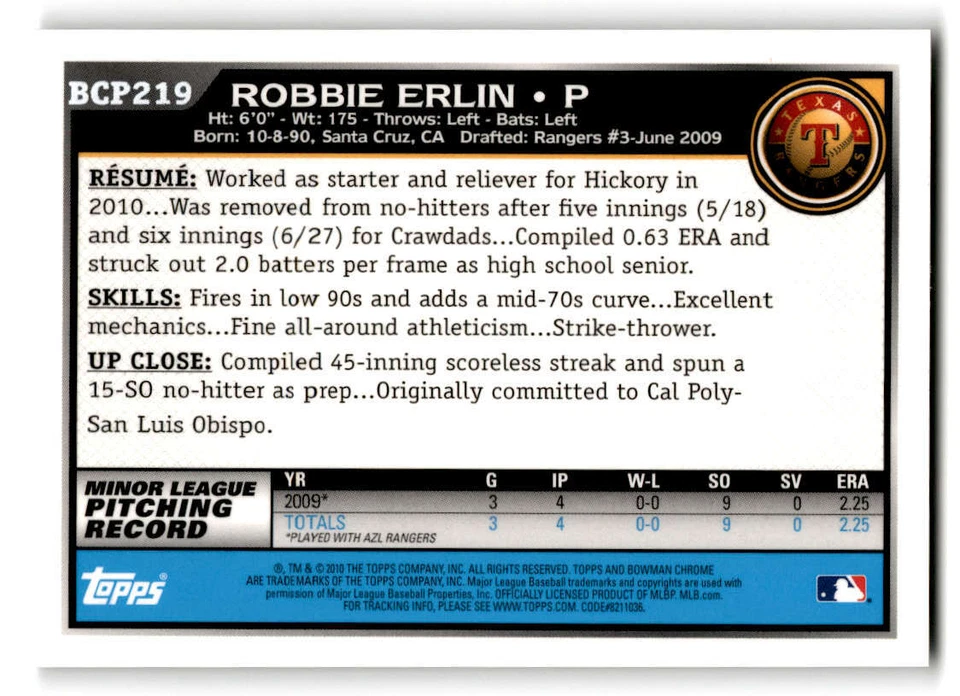 2010 Bowman Chrome Prospects #BCP219B Robbie Erlin AU (ref 205386) - Image 2 of 2