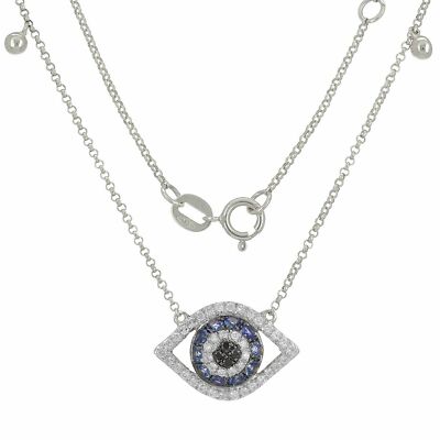 14k Weißgold 0,30ctw Saphir, Schwarz & Weiß Diamant Evil Eye Anhänger Halskette