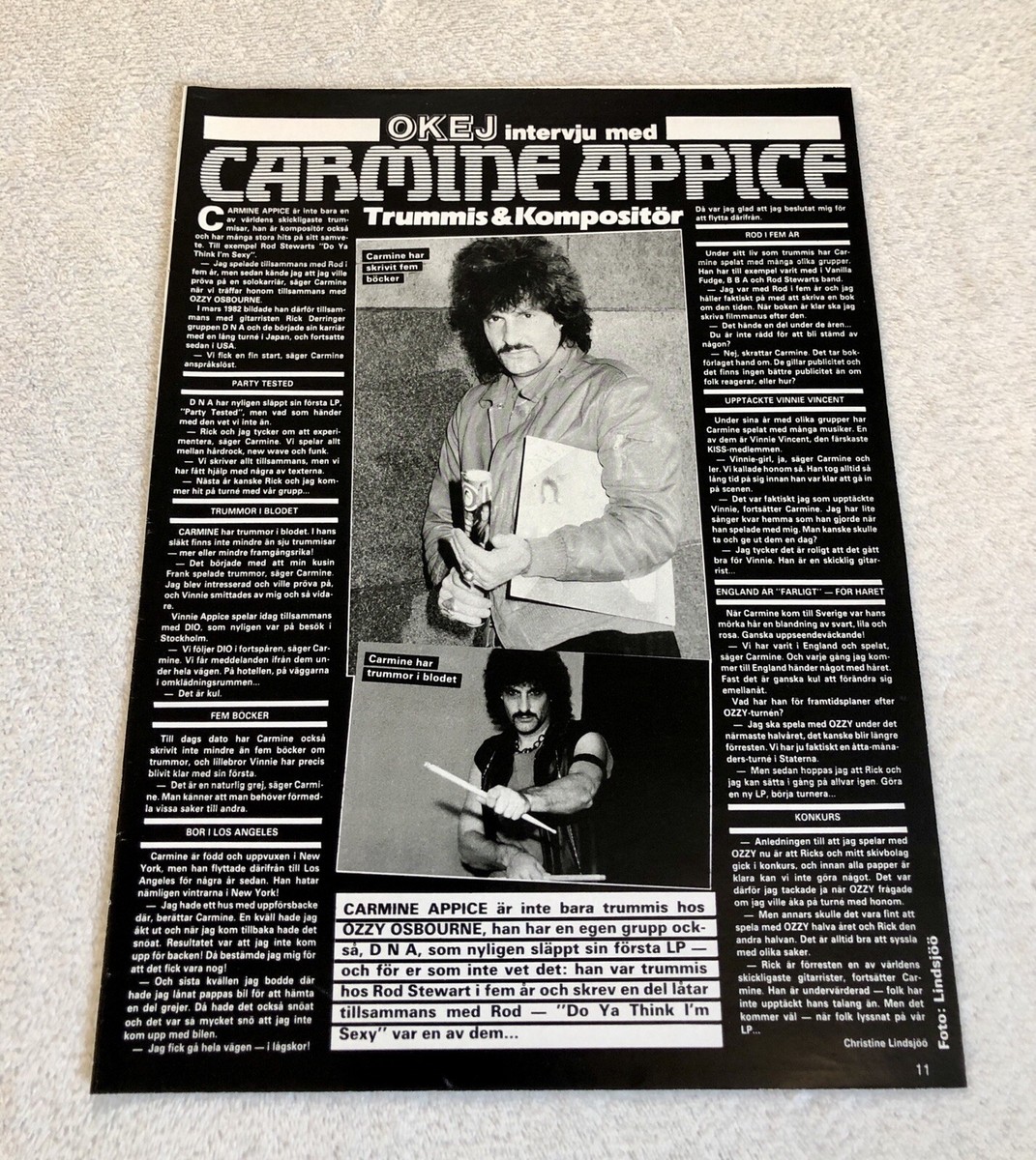 CARMINE APPICE 1983 OZZY DRUMMER Clipping Poster Swedish magazine