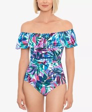Swim Solutions Ruffled Off-The-Shoulder Tummy Control Swimsuit - 18, Floral 36