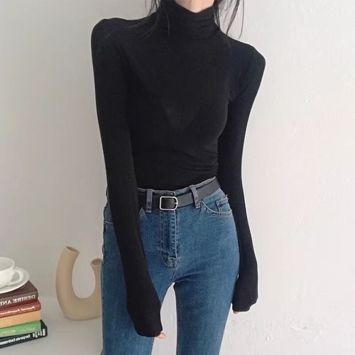 Damen Bonbonfarben Stretch Slim Rollkragen Langarm T-Shirt Slim Bluse Tops - Bild 15 von 33