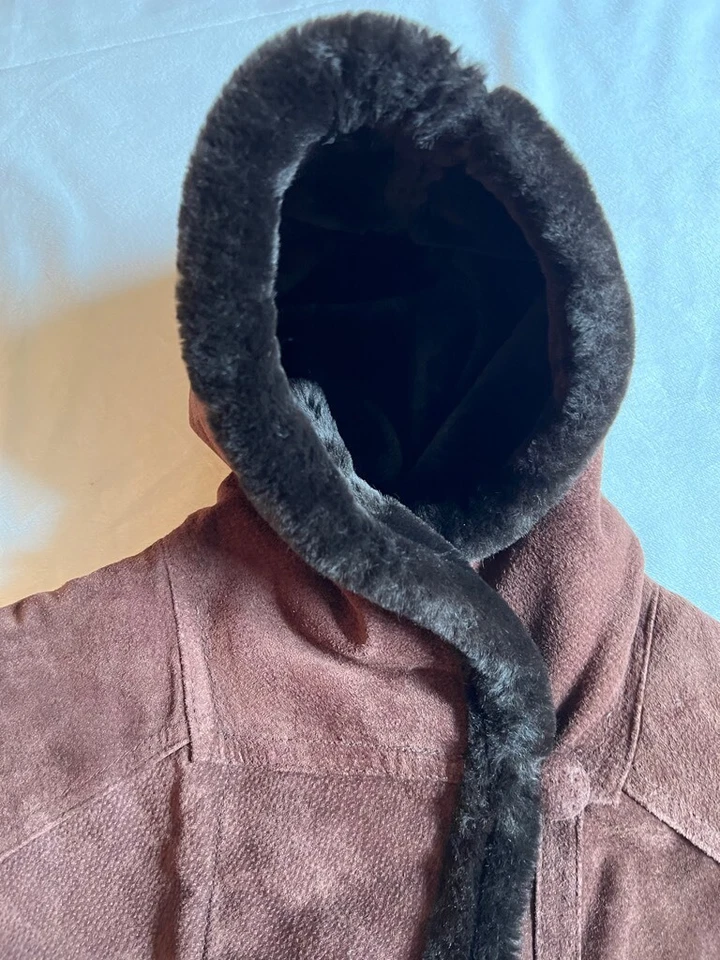 Chaqueta de cuero de gamuza Moda para hombre talla MEDIANA marrón con capucha piel sintética bolsillos con cremallera   Foto 4 de 4