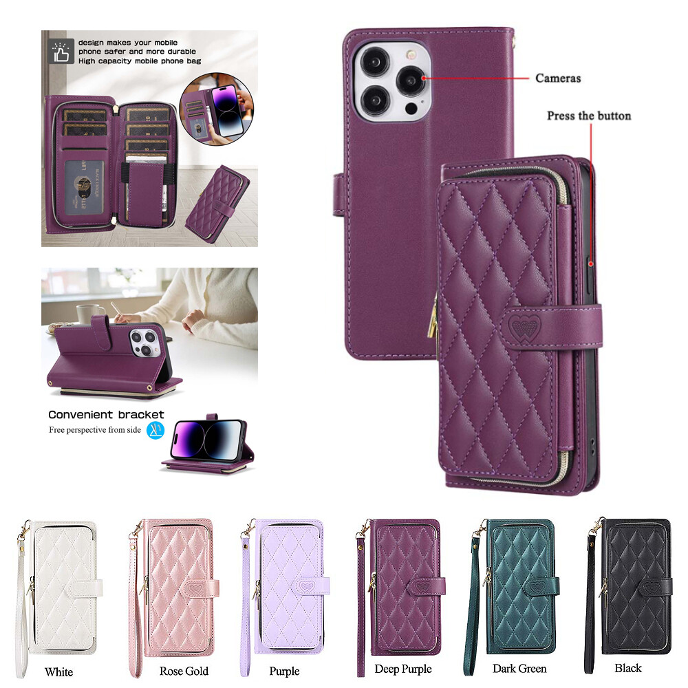 Premium Leather Zipper Flip Wallet Case for iPhone 15 Pro Max 14 13 12 11 XR