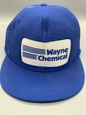 VINTAGE Trucker Hat Cap Snap Back Blue White Wayne Chemical Made in USA Mens 90s