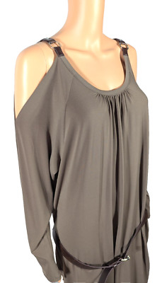 Michael Kors Womens Cold Shoulder Dress Sz LG Green Leather Straps & Low Belt