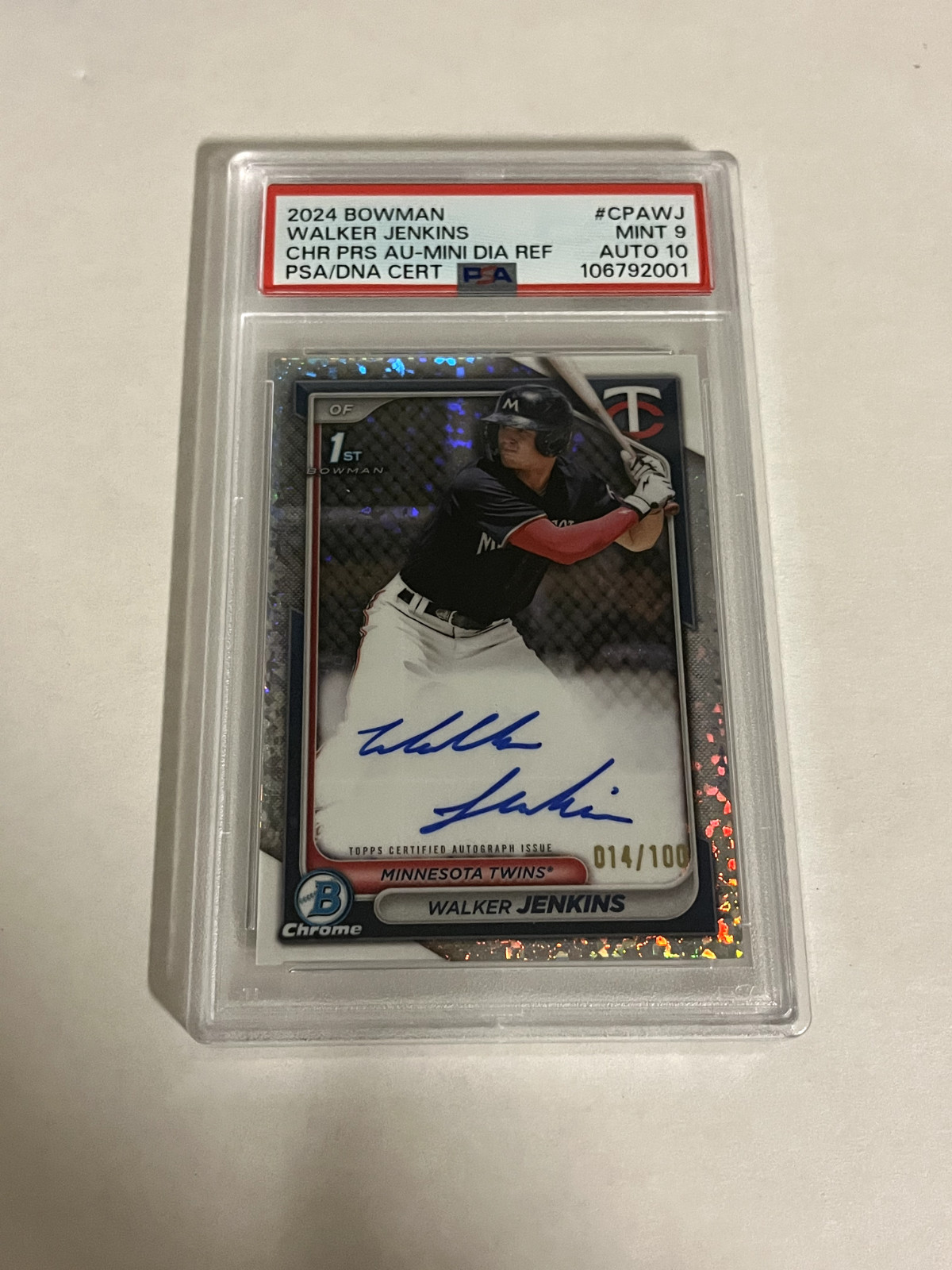 Walker Jenkins 2024 1st Bowman Chrome Mini Diamond Auto /100 PSA 9 Auto 10