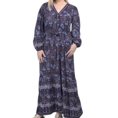 Celina Moon Blue Night Balloon Sleeve Floral Maxi Dress Size Medium NWT 