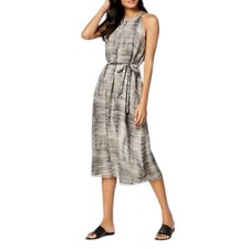 Eileen Fisher Gray Black Striped Print Silk Midi Halter Print Dress Size XSmall