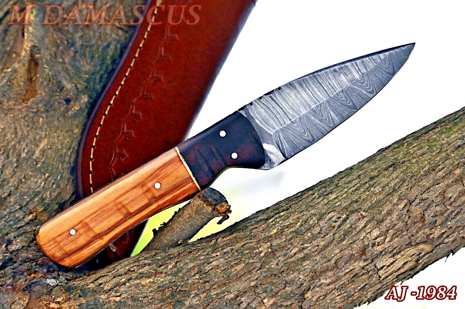 CUSTOM MADE FORGED DAMASCUS STEEL SKINNING HUNTING KNIFE W LEATHER COVER 1984