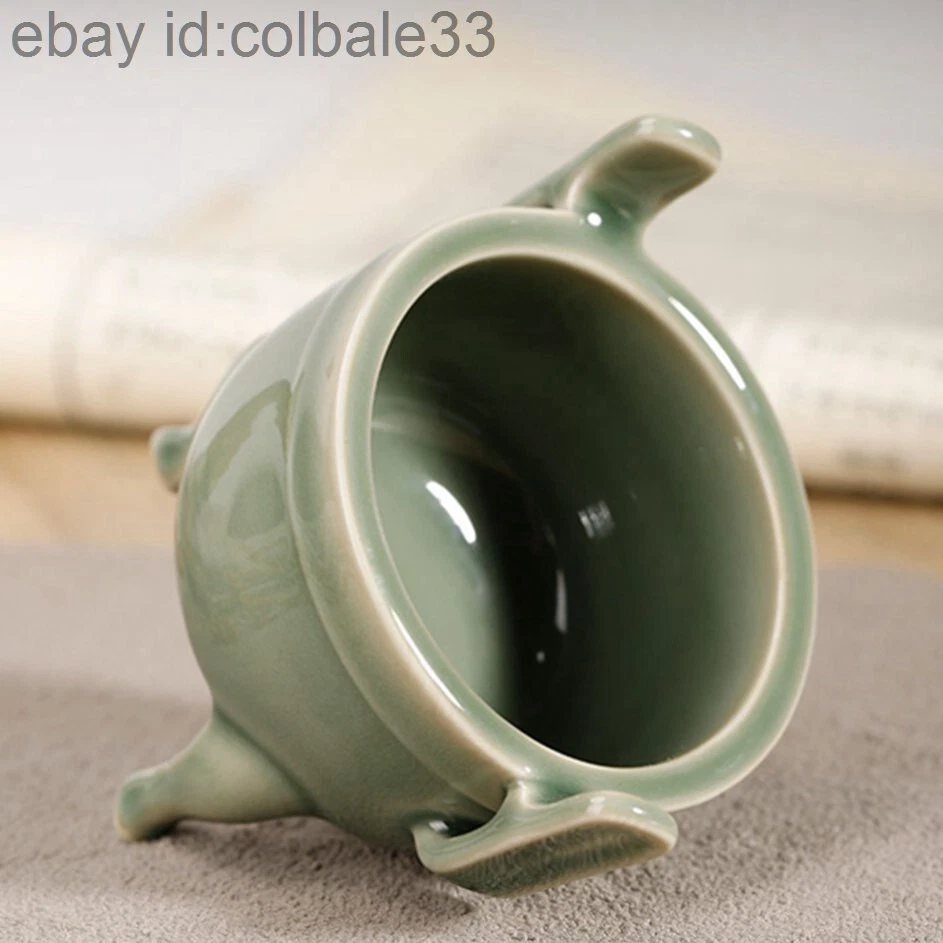 Quemador de incienso de cerámica chino tapa de madera Celadon incensario de tres patas Foto 3 de 4