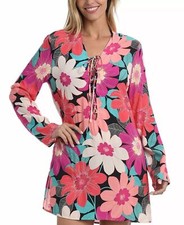 MSRP 103 La Blanca Lace-Up Tunic Cover-Up Floral Size XS