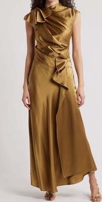 Acler RAMSHAW Satin MAXI DRESS, Golden Moss, Sz 6, New
