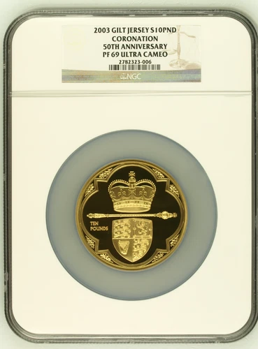 2003 Gilt Jersey S10PND Silver 5oz Coronation 50th Anniversary NGC PF69UC