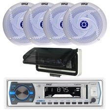 Pyle Single DIN Marine Bluetooth Receiver, Cover, 4x 8" 320W Blue LED Speakers