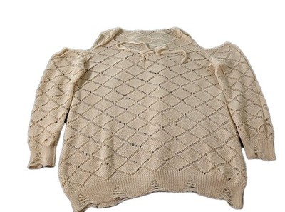  Boho Cold Shoulder Distressed Crochet Knit Sweater Beige Cream Lace Up Neck L
