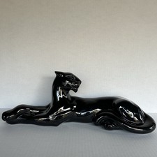 Vintage Gonder Pottery Reclining Black Panther Glossy Sleek Hollywood Regency