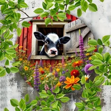 1pc 7.87 Inch Round Aluminum Metal Wall Art Sign - Rustic Farmhouse Cow & Wildfl