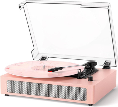 Vintage Pink Bluetooth Vinyl Record Player with Built-In Speakers & RCA Output