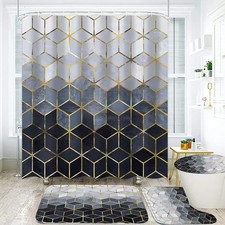 4 PCS Blue Gradient Shower Curtain Set Modern Geometric Golden Cubic Lines