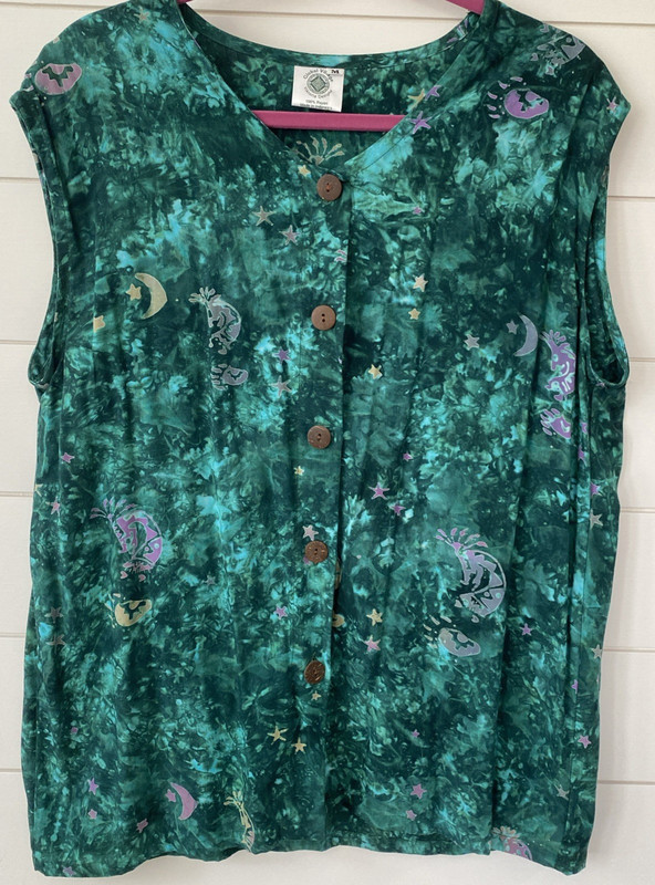 Global Village Celestial Print Green Teal Gray Sleeveless 5 Button Up Top Sz M-L