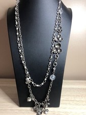 B1713 Chico's Floral Layered Statement Necklace Long Silver Tone Rhinestone 34"