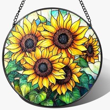 Stained Glass Window Hanging, 8 Inch Sunflower Stained Glass Suncatcher, Sunc...