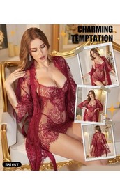 RSLOVE Women Sexy Lingerie Set 3 Piece Babydoll & Lace Kimono Robe Strap Chemise