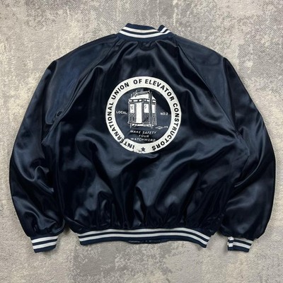 80s Navy Nylon College Jacke XL Herren Elevator Construction USA Company Bomber
