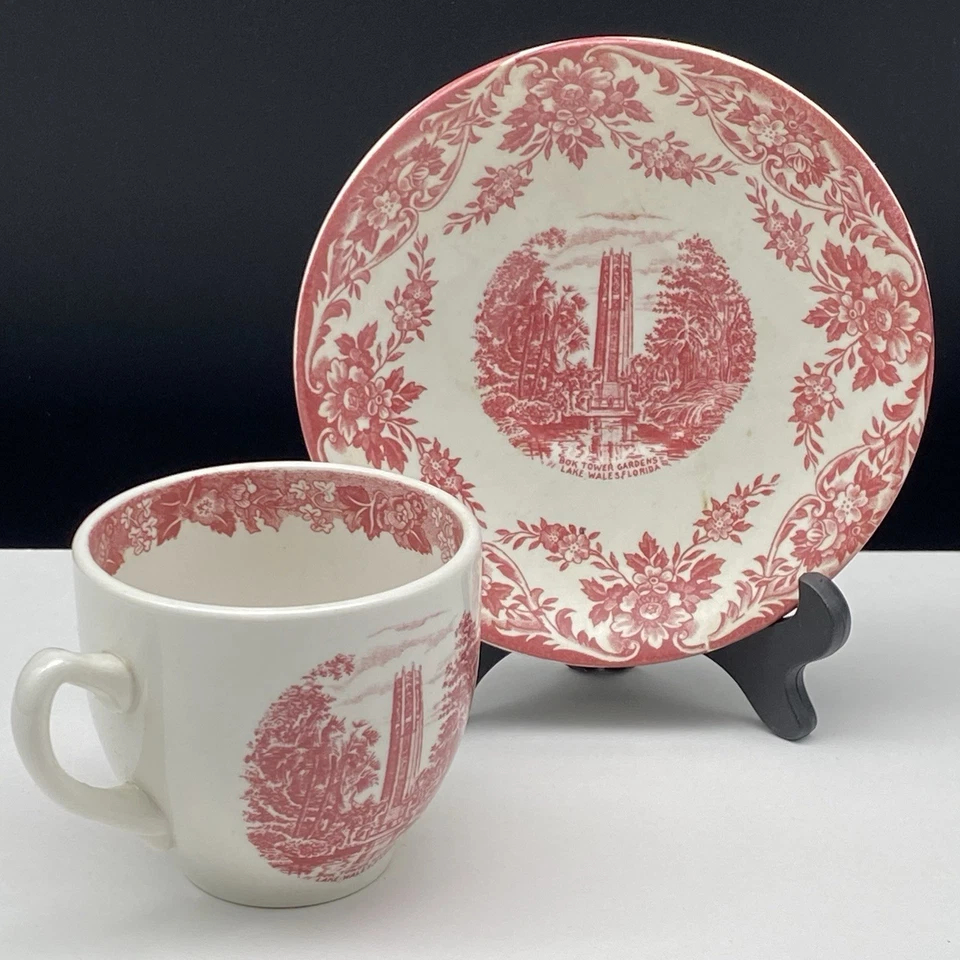 Staffordshire Bok Tower Gardens Cup & Saucer Red Transferware Lake Wales FL - Image 2 of 4