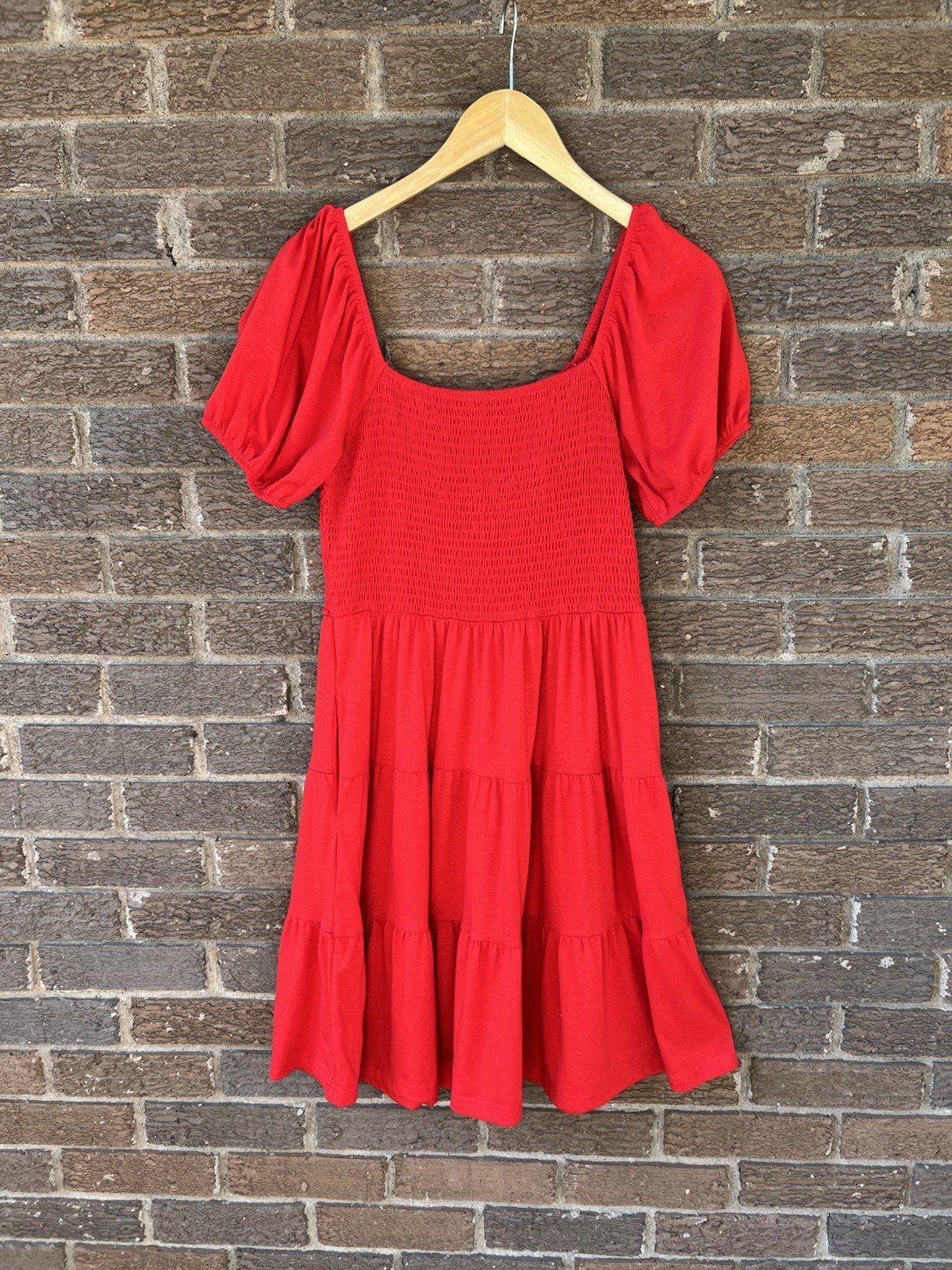 Red Smocked Puff Sleeve Mini Dress Cottagecore Babydoll Tiered Women’s Med