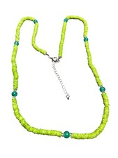 Artisan Green Dyed Shell Blue and Clear Glass Beaded Necklace Silvertone