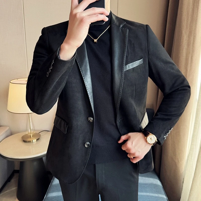 New Mens Blazer Suede Leather Blend Korean Fashion Two Button Blazer Jacket Coat
