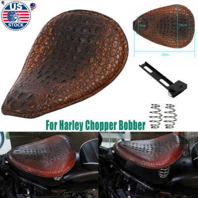 Brown Alligator Motorcycle Leather Solo Driver Seat for Chopper Bobber Harley