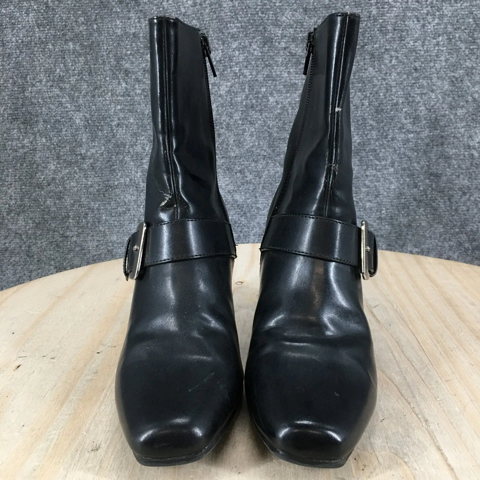 Botas Predictions para mujer botín de 7 tobillos cuero negro hebilla con cremallera tacones gruesos Foto 4 de 4
