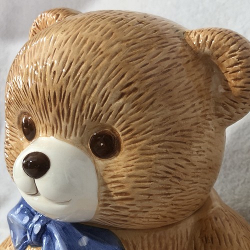 Vintage Theodore Teddy Bear Cookie Jar with Blue & White Polka Dot Ribbon Bow - Picture 11 of 22