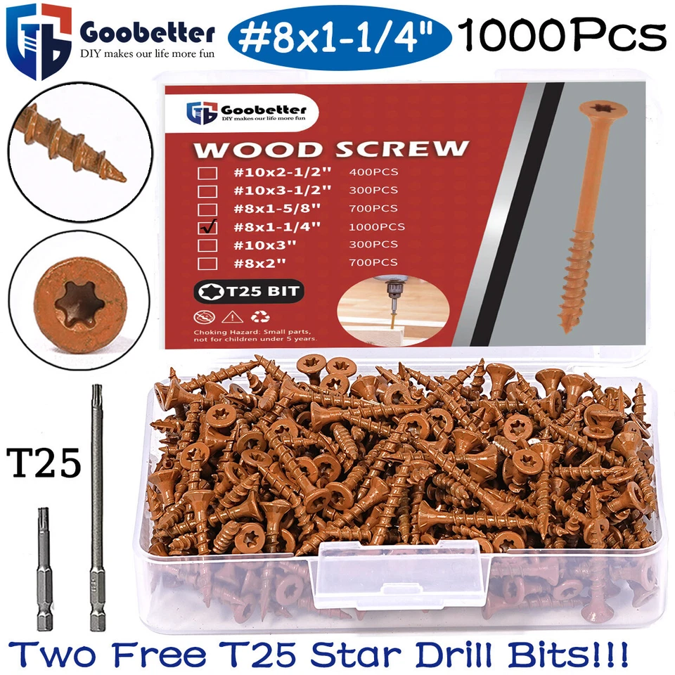 250~1000PCS Torx Star Flat Head Screw #8 #10 Outdoor Wood Screw T25 Star Bit Set - Image 4 of 4