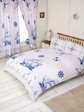 NAUTICAL BLUE BEDDING OR CURTAINS WHITE SHIP BOAT ANCHOR LIGHTHOUSE COMPASS ROPE