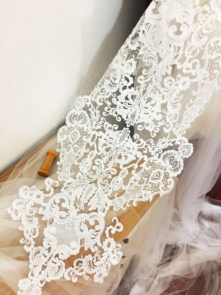 Encaje Floral Aplique Blanco Crudo Boda Vestido Ribete Bordado Traje Motivo 1PC - Imagen 4 de 4