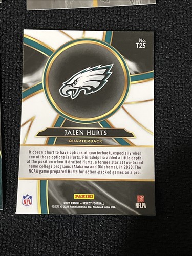 Panini Select Football Jalen Hurts 2020 lote 4 novato certificado SCR22 T25 150 50 - Imagen 7 de 9